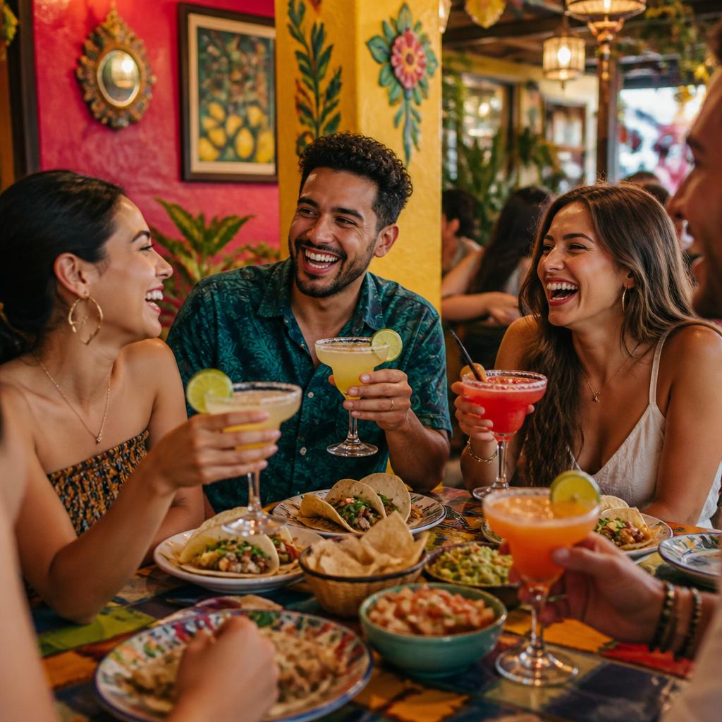 Friends laughing over margaritas at a bright table