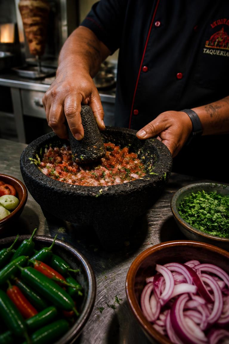 Chef preparing salsa in a large stone molcajete