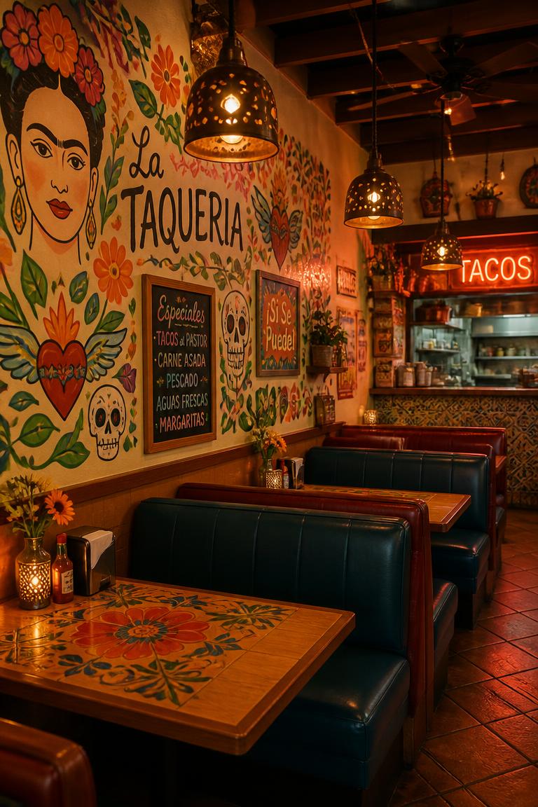 Inside the restaurant with colorful murals on the walls